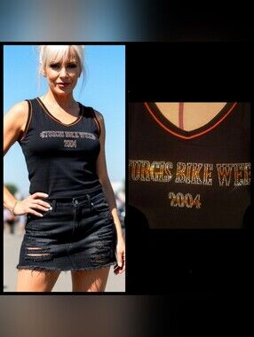 Vtg Y2K V Twin blk orange Sturgis bike wk 2004 rhinestone graphics tank XL NWOT